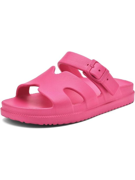 Shoes - Women's Hot Pink Flat Sandal Arch Support Summer Beach Slip on Slides H-Strap